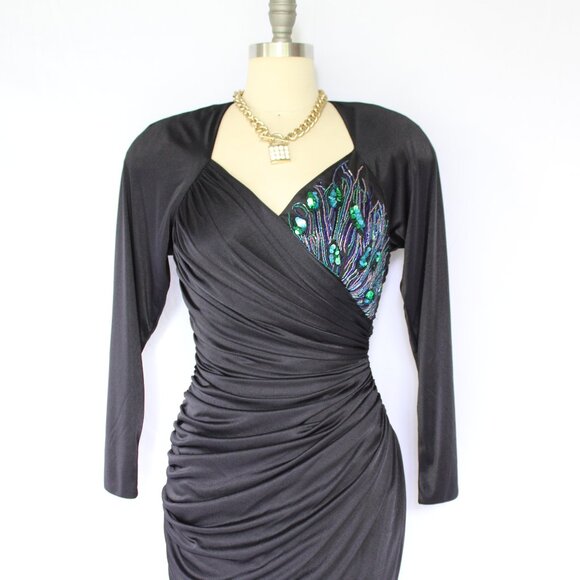 Vintage Abby Kent peacock beaded ruched draped wiggle satin black DISCO dress - Picture 3 of 10
